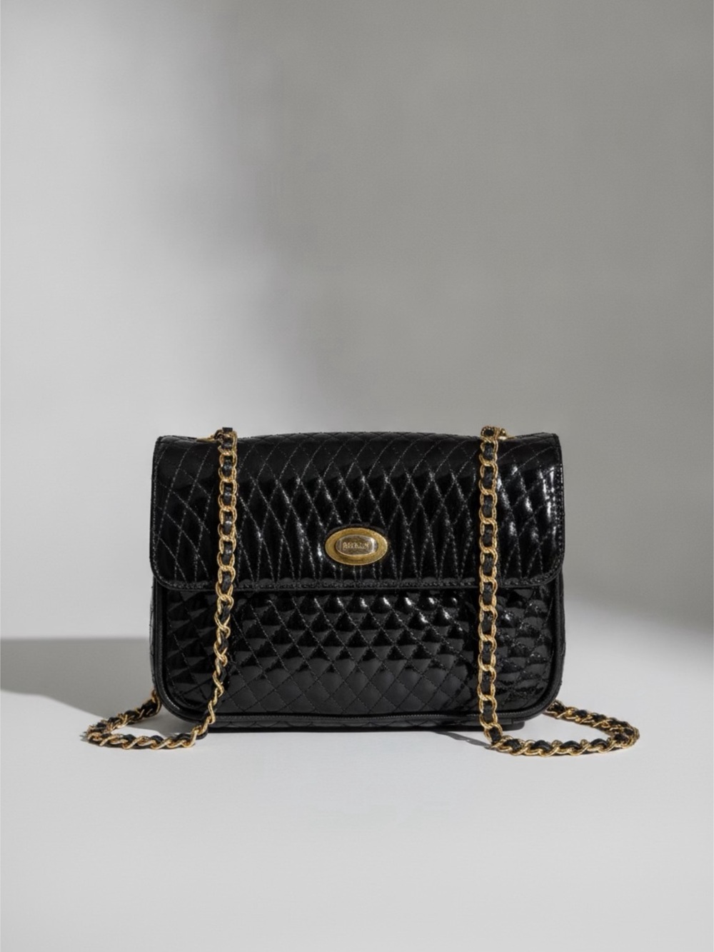 Vintage BALLY Black Quilted Patent Leather Chain Crossbody Flap Bag